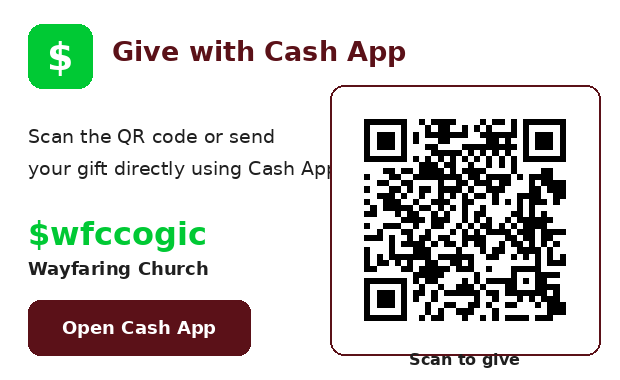 Wayfaring Church Cash App giving block showing $wfccogic, QR code, and Open Cash App button